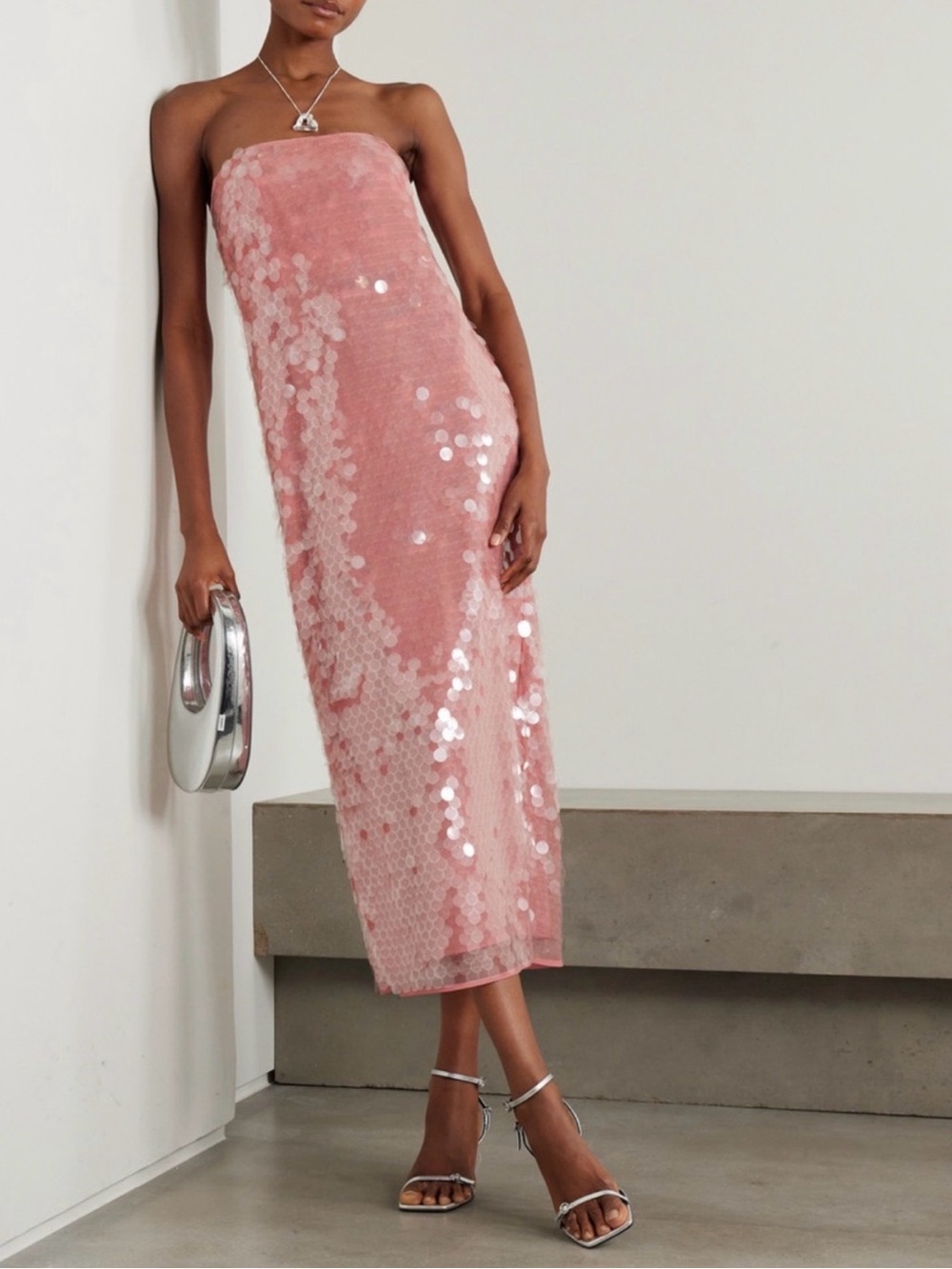 STAUD Pink Strapless Sequin Midi Dress